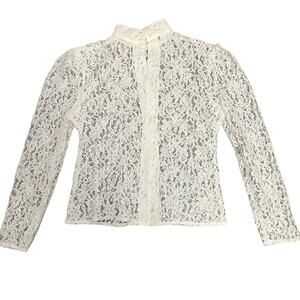 Vintage Avon Fashion Women's White Floral Lace Collared Button Up Shirt